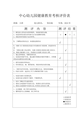 中心幼儿园健康教育考核评价表