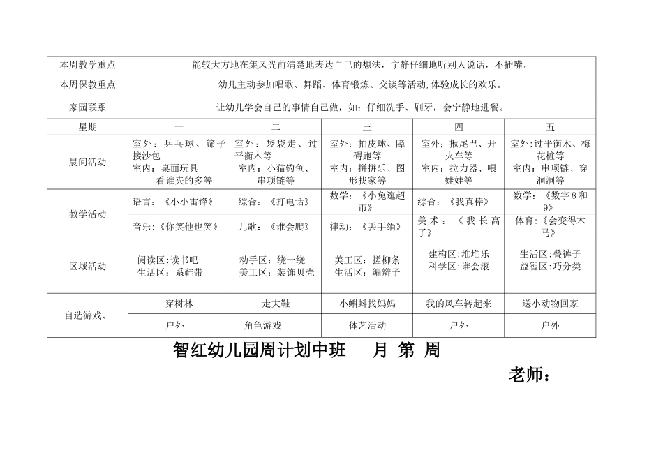 中班幼儿园周工作计划表_第2页