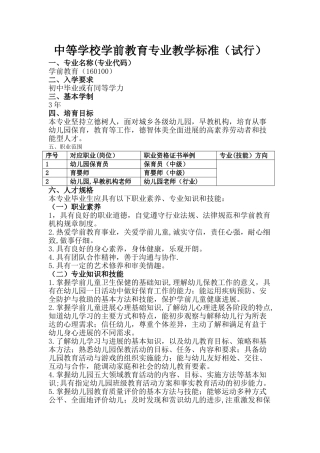 中等职业学校学前教育专业教学标准