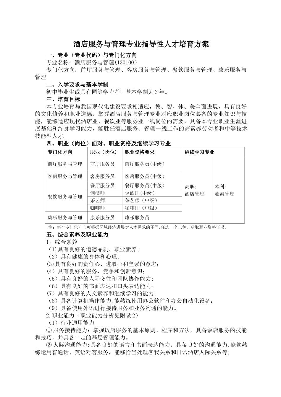 中等职业教育酒店服务与管理专业指导性人才培养方案_第1页