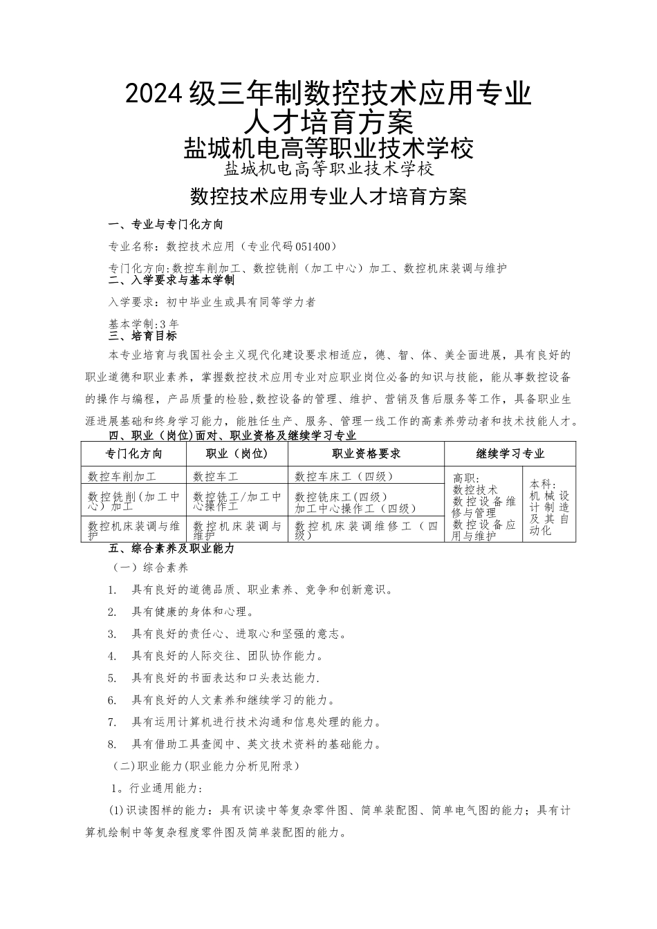 中职数控技术应用专业实施性人才培养方案_第1页