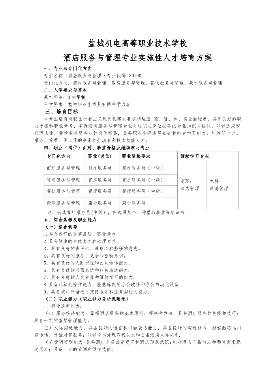 中职酒店服务与管理专业实施性人才培养方案_第1页