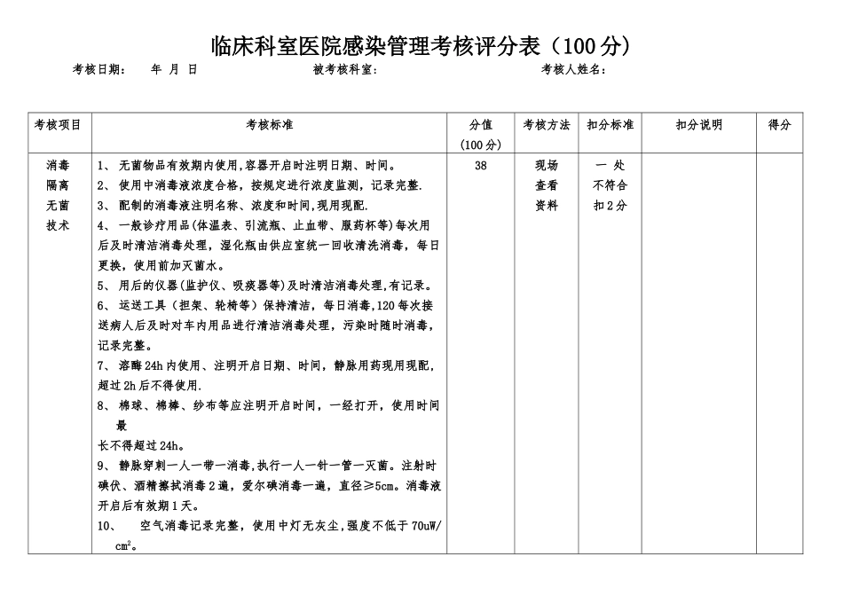 临床科室医院感染管理考核标准_第1页