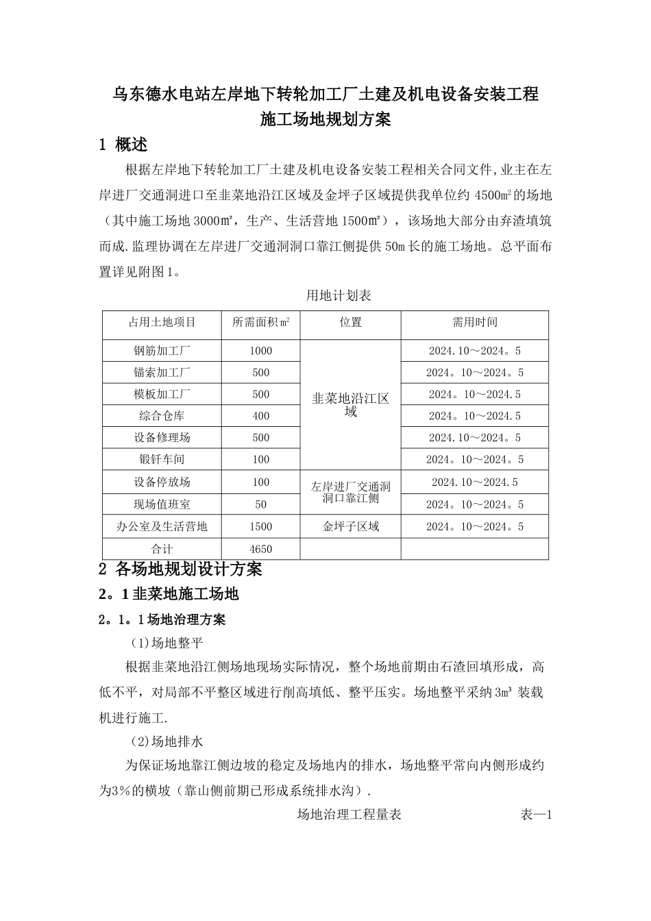 乌东德水电站左岸转轮加工厂土建及机电设备安装工程施工场地布置_第1页