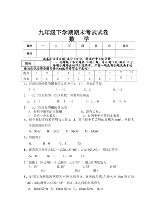 九年级下学期数学期末考试试卷及答案