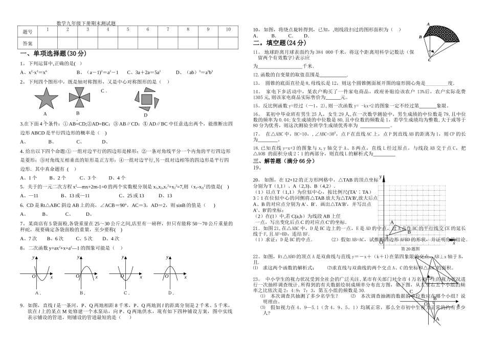 九年级数学下册期末测试题及答案_第1页