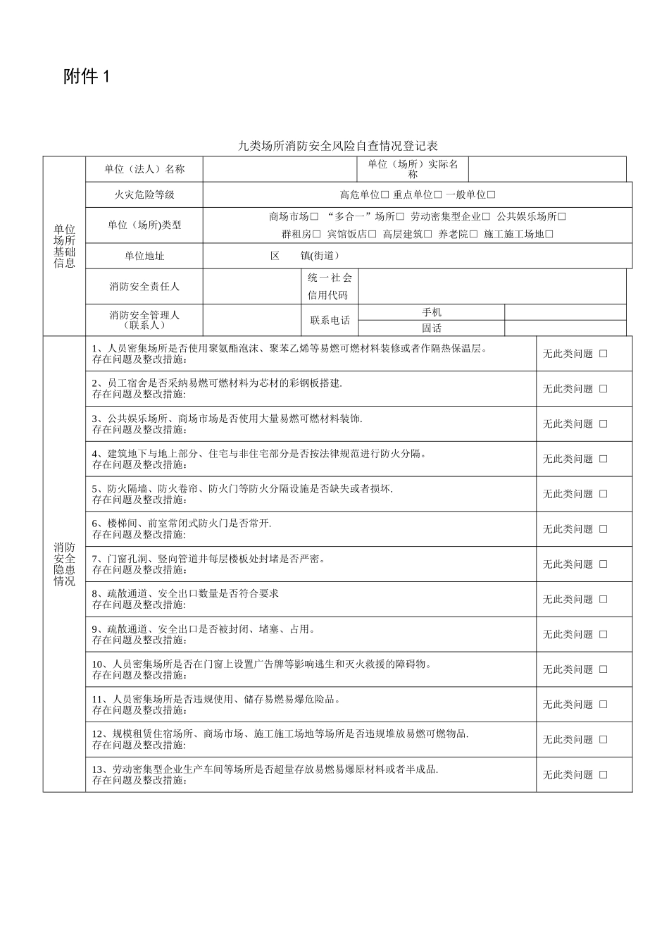 九类场所消防安全风险自查情况登记表_第1页