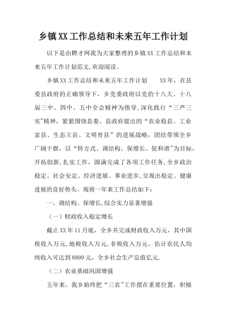 乡镇XX工作总结和未来五年工作计划