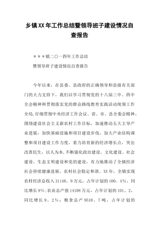 乡镇XX年工作总结暨领导班子建设情况自查报告