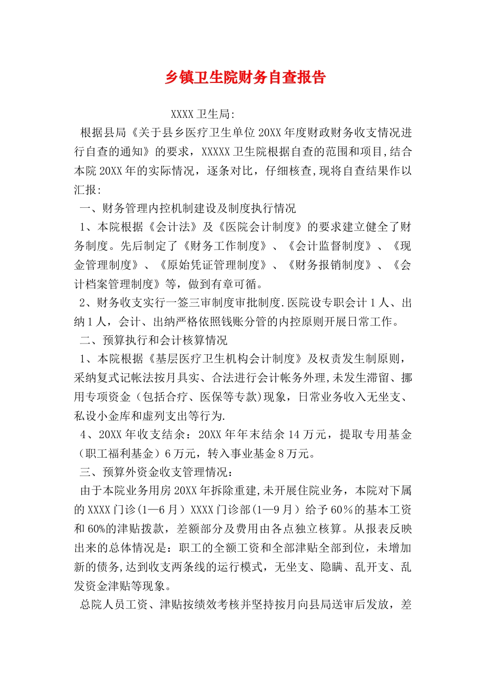 乡镇卫生院财务自查报告_第1页