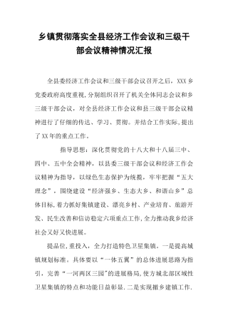 乡镇贯彻落实全县经济工作会议和三级干部会议精神情况汇报