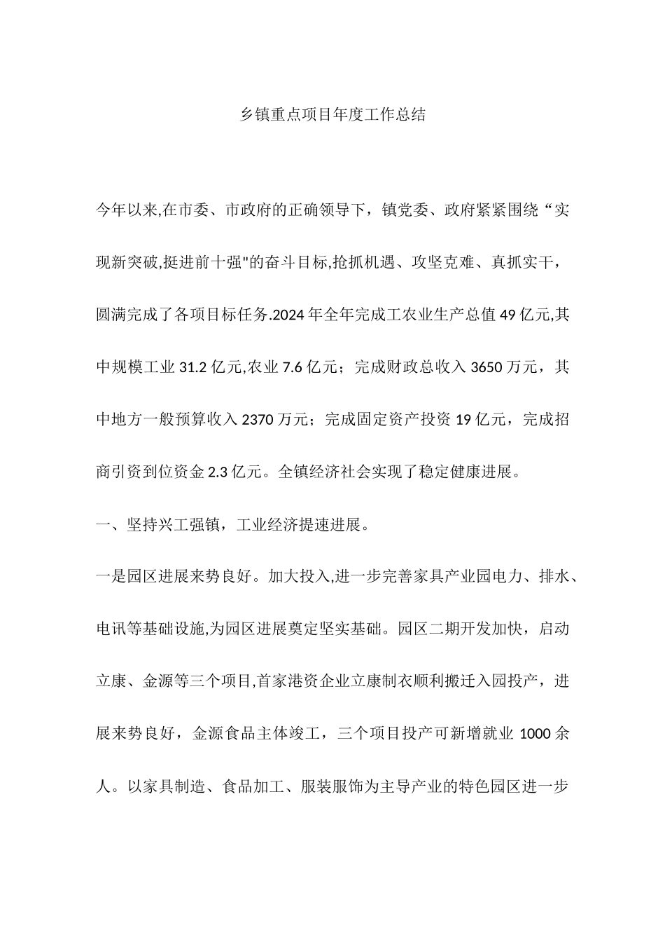 乡镇重点项目年度工作总结_第1页