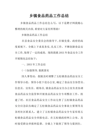 乡镇食品药品工作总结