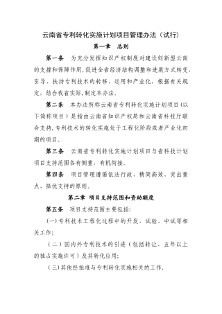 云南省专利转化实施计划项目管理办法试行