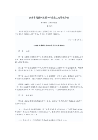 云南省民营科技型中小企业认定管理办法
