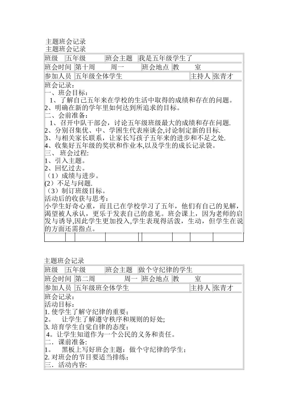 五年级主题班会记录_第1页