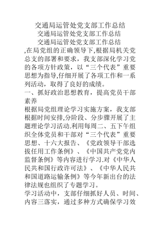 交通局运管处党支部工作总结