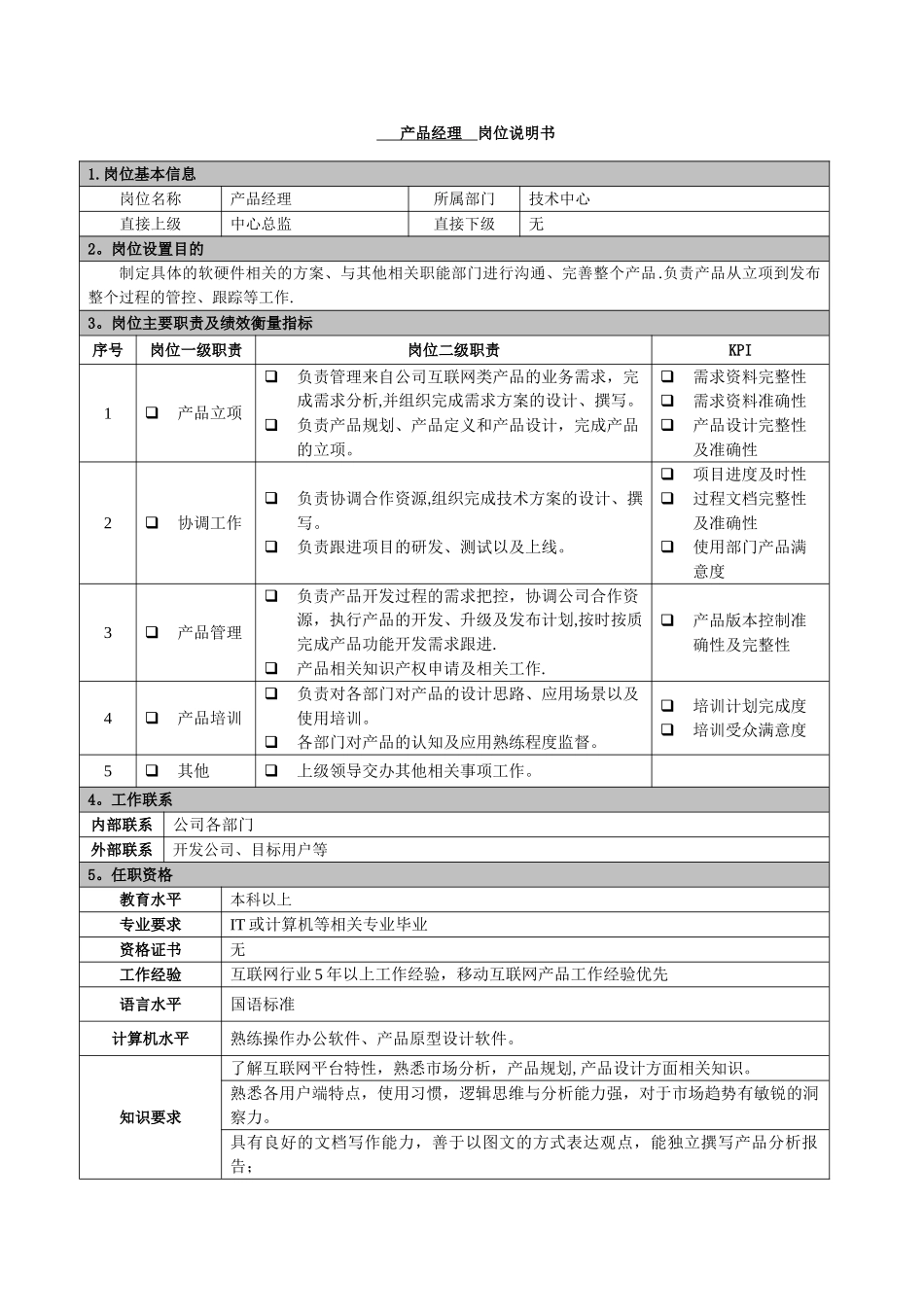 产品经理-岗位职责说明书_第1页