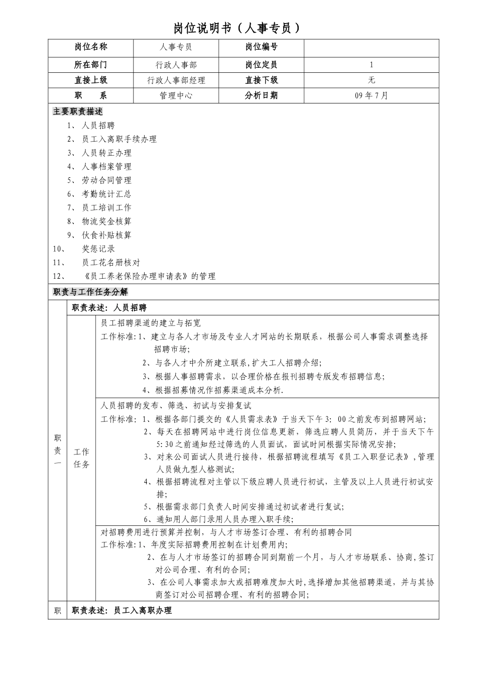 人事专员岗位说明书_第1页