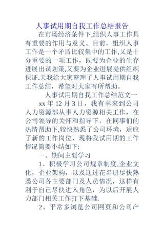 人事试用期自我工作总结报告