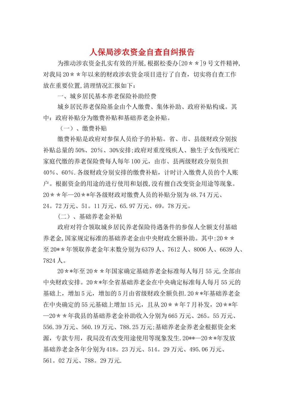 人保局涉农资金自查自纠报告与人力资源社会实践报告汇编_第1页