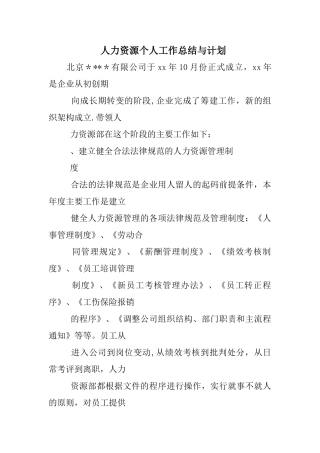人力资源个人工作总结与计划