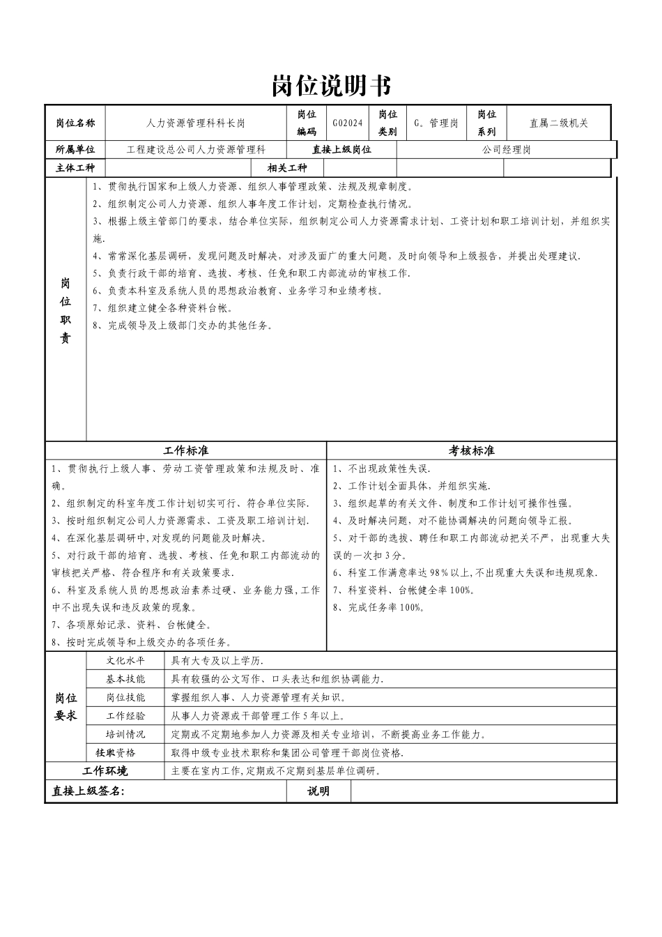 人力资源科岗位说明书-样例_第1页