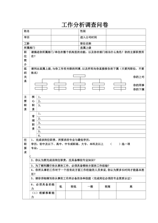 人力资源管理工作分析调查问卷