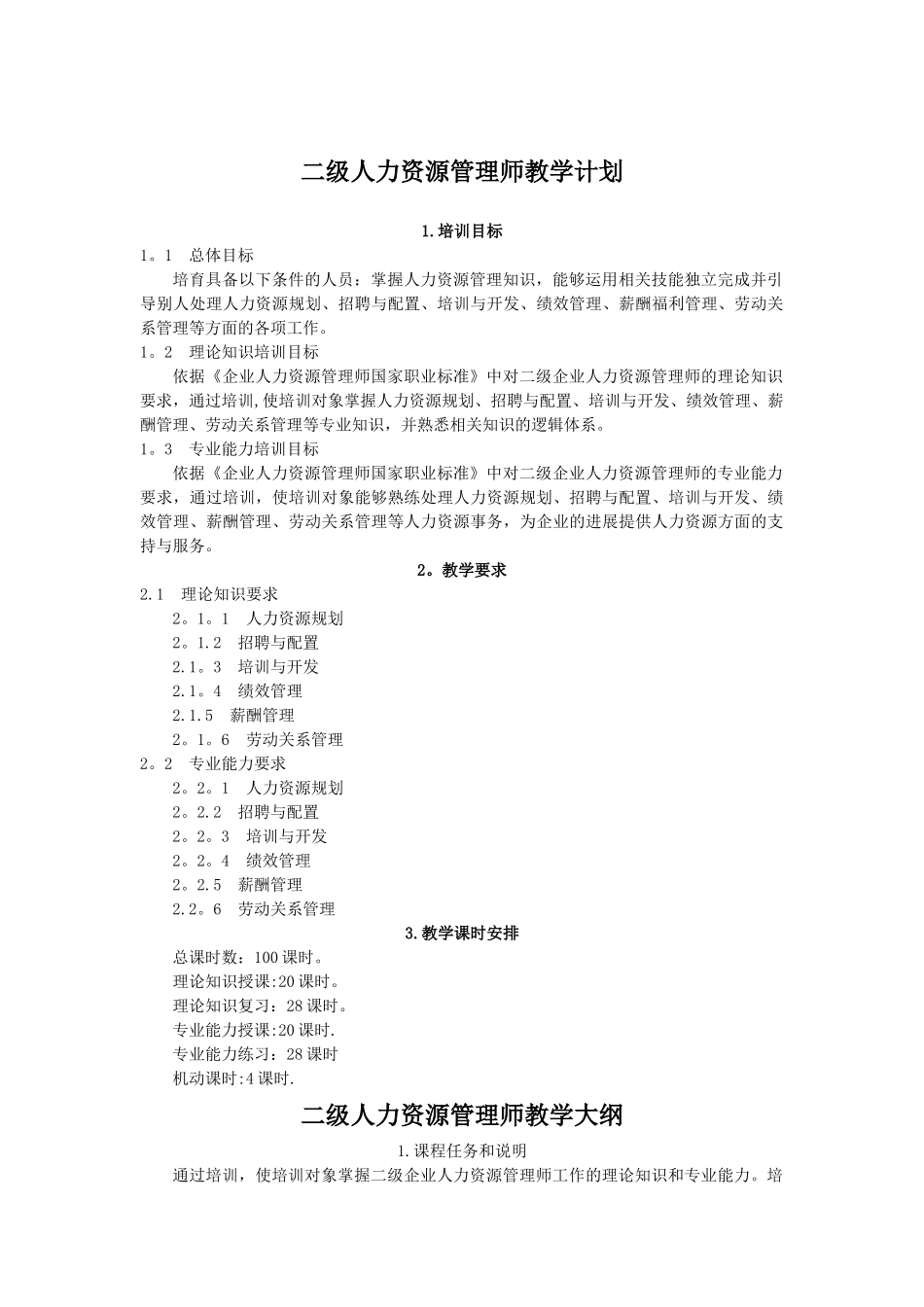 人力资源管理师教学大纲、教学计划、课时(二级)_第1页