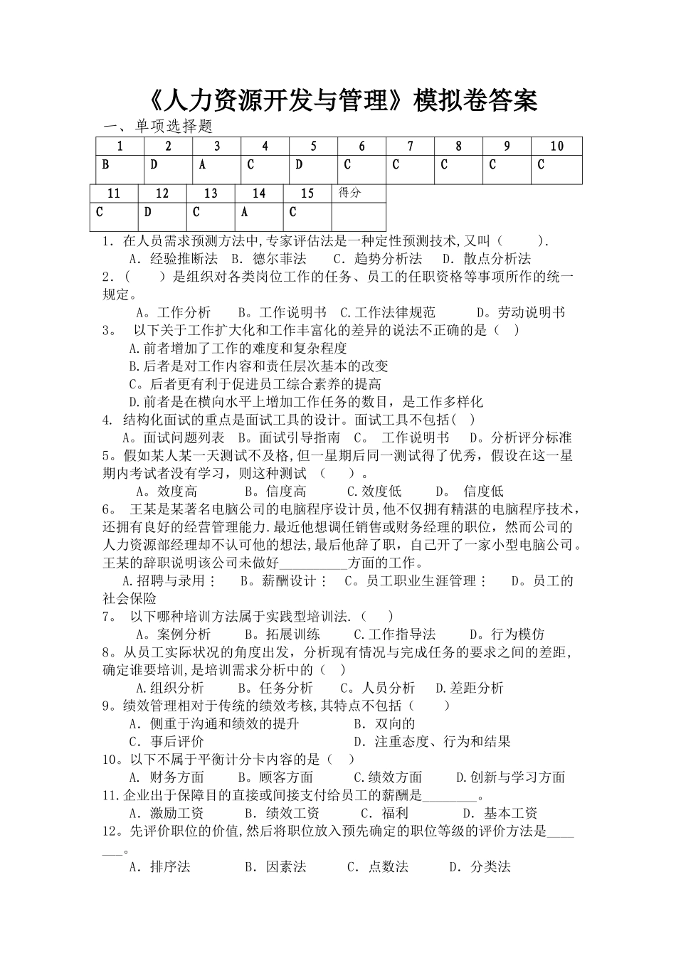 人力资源管理模拟试卷-答案_第1页