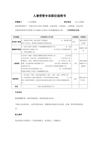 人力资源部人事劳资专员岗位职责