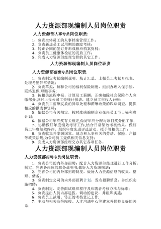 人力资源部现编制人员岗位职责