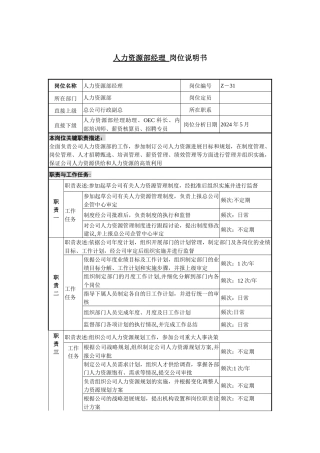 人力资源部经理-岗位说明书