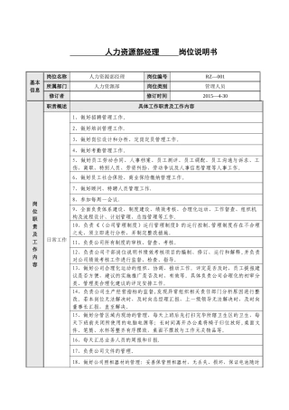人力资源部经理岗位说明书