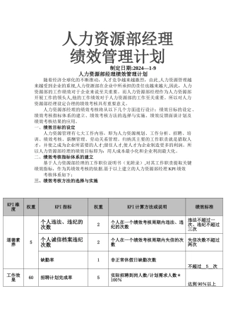 人力资源部经理绩效管理计划