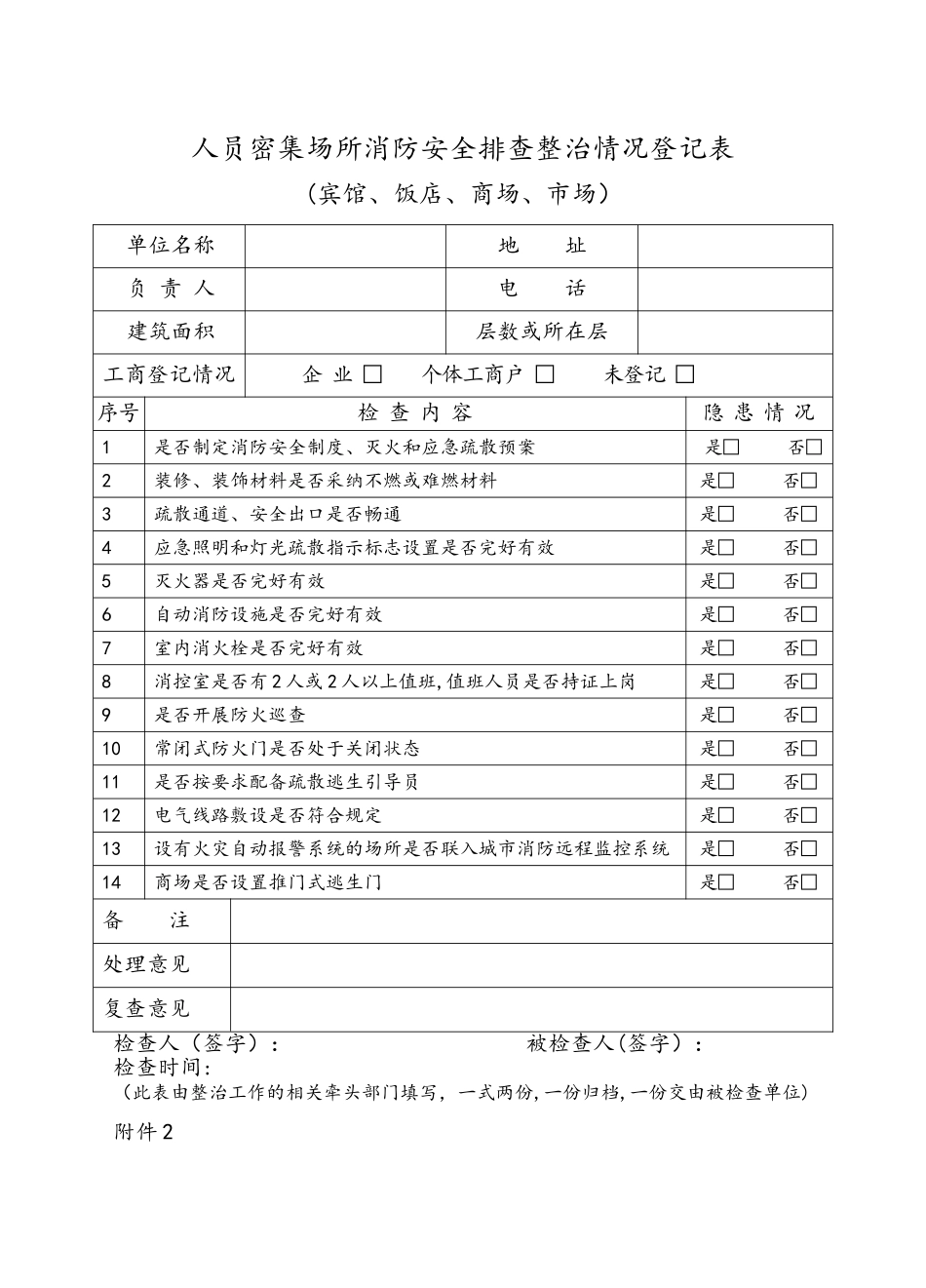 人员密集场所消防安全排查整治情况登记表_第1页