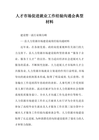 人才市场促进就业工作经验交流会典型材料