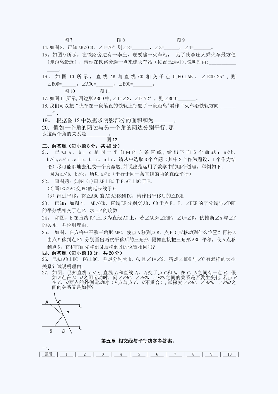 人教版七年级数学第五章相交线平行线综合试题及答案.._第2页