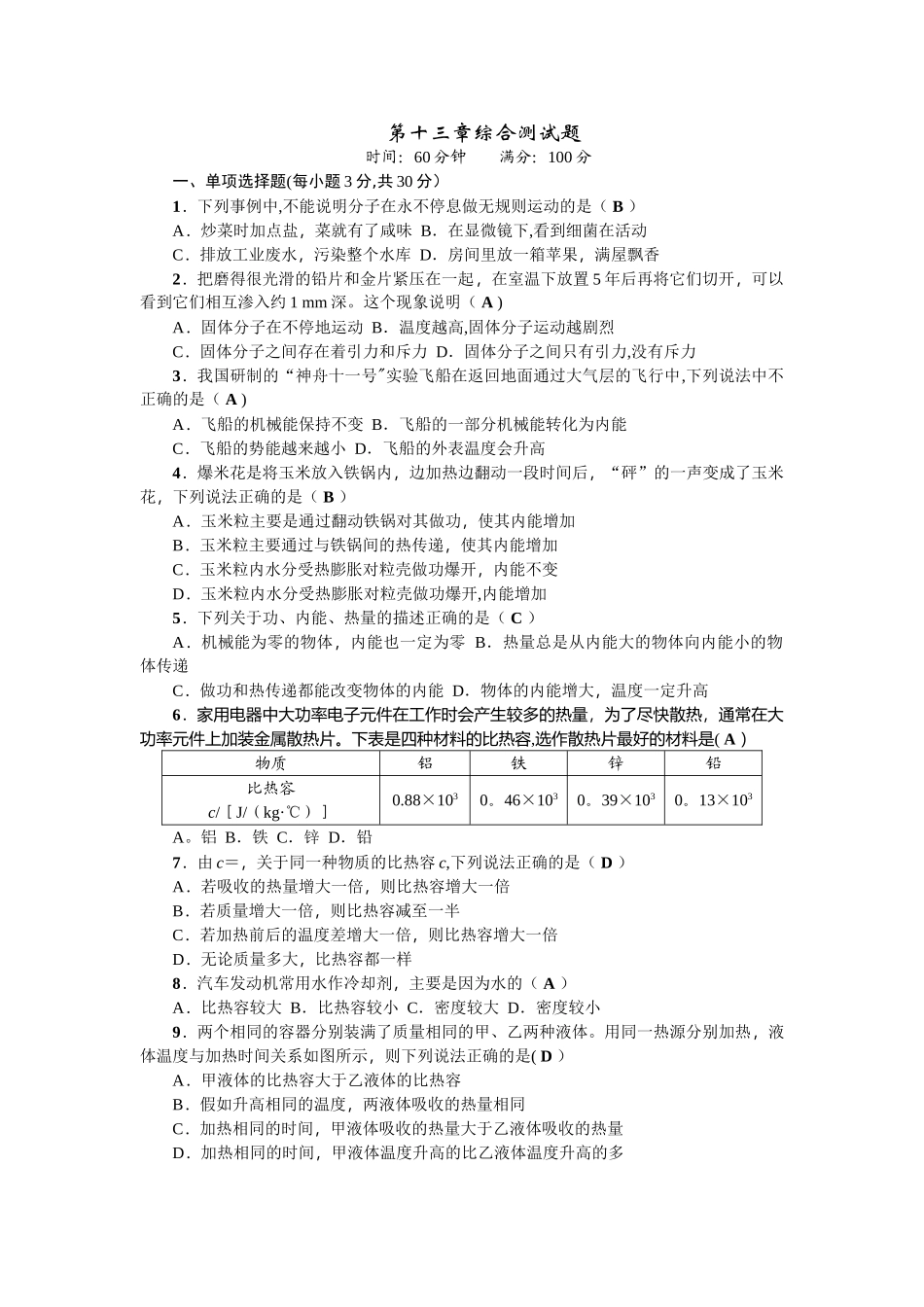 人教版初中九年级物理综合测试题及答案_第1页