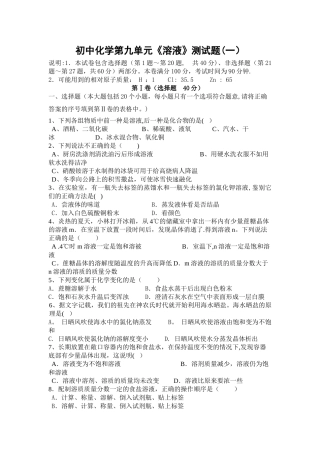 人教版初中化学第九单元溶液单元测试题及答案