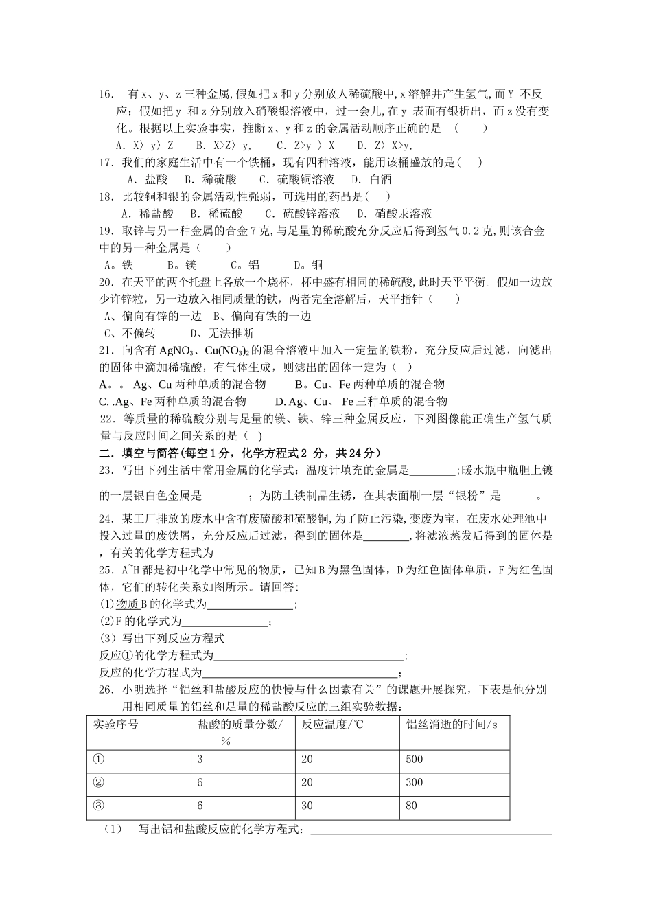 人教版初中化学第八单元金属和金属材料单元测试题及答案_第2页