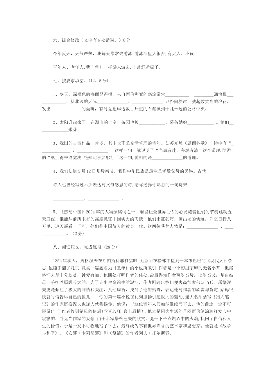 人教版小升初语文试题及答案_第2页