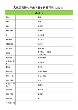 人教版英语七年级下册单词听写表格-