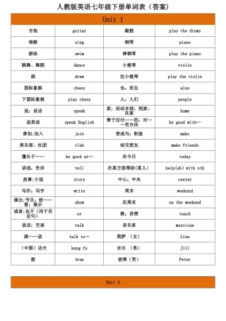 人教版英语七年级下册单词表