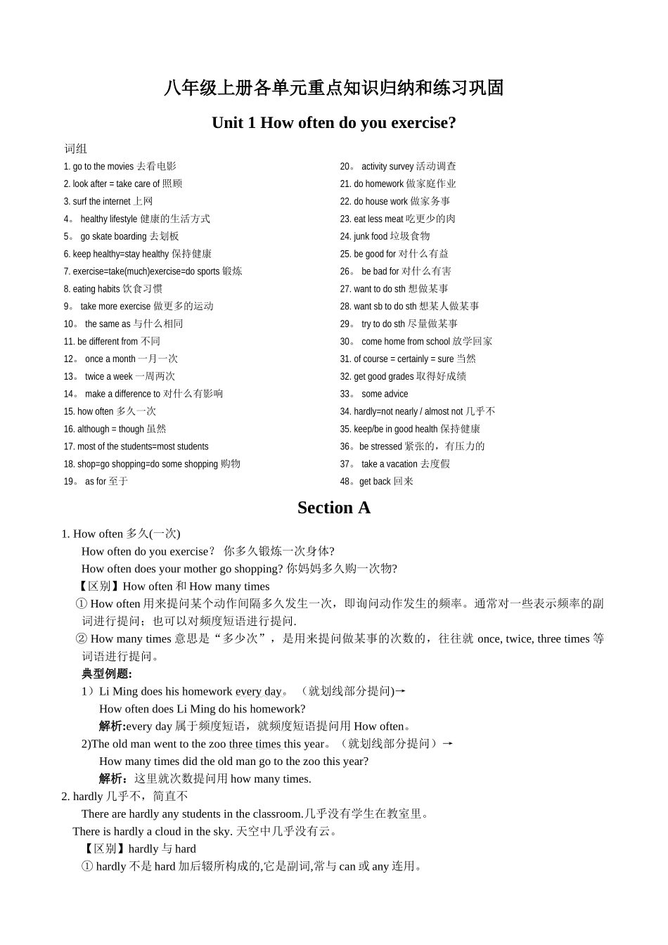 人教版英语八年级上册总复习各单元知识点和练习_第1页