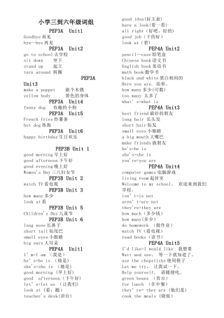 人教版英语小学三到六年级词组
