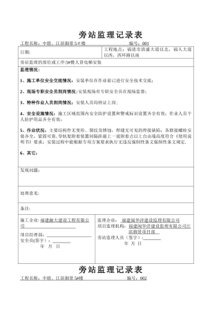 人货电梯安装旁站监理记录表