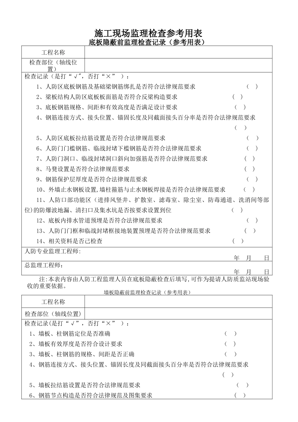 人防施工现场监理检查参考用表_第1页
