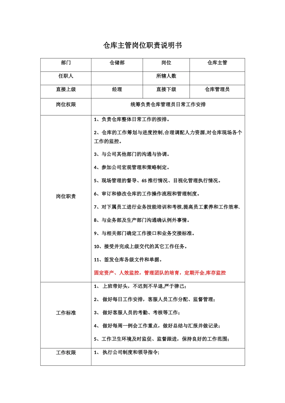 仓库主管岗位职责说明书_第1页