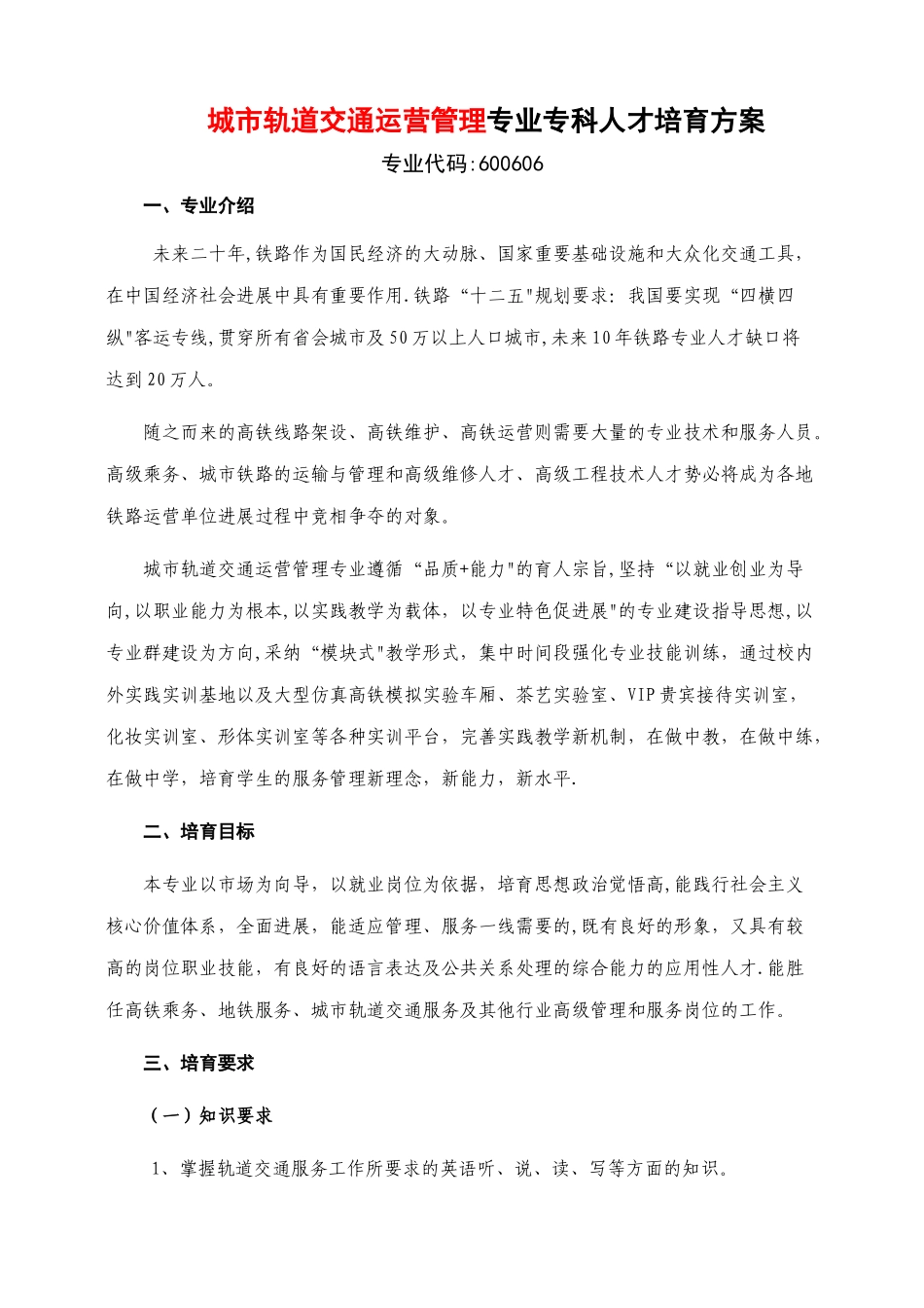 城市轨道交通运营管理专业人才培养方案专业版_第1页